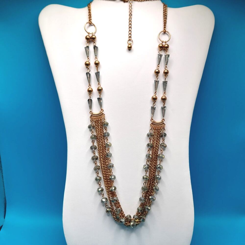 Silver Crystal Bead Gold Chain Necklace, Unique Cone Beads, 35"